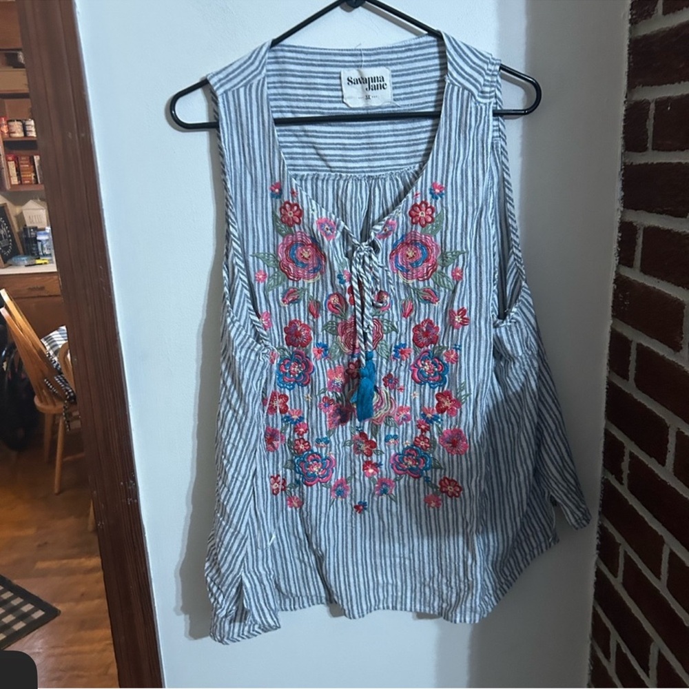 Savanna Jane Blue and White Striped Embroidered Tank with Pink Floral Detail